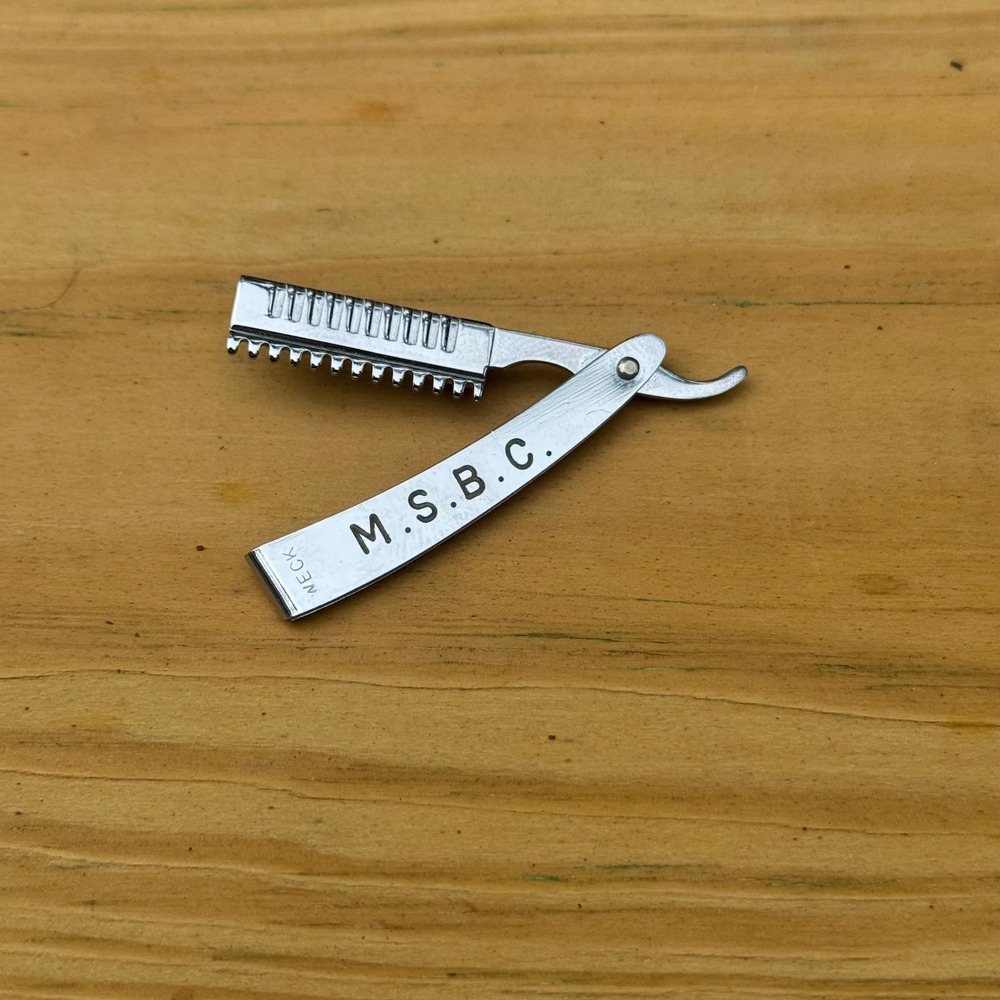 Vintage Weck MSBC Folding Straight Razor Pin Silver Tone Barber Stylist Brooch